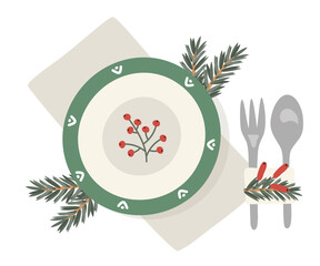 Plate and cutlery with napkin, Christmas decoration, festive table setting, top view. Vector illustration for a New Year's card, banner, menu, flyer