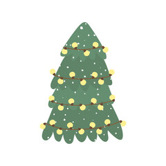 New Year's green Christmas tree with a glowing garland. Cute and cozy vector illustration. For a holiday card, banner, menu, flyer