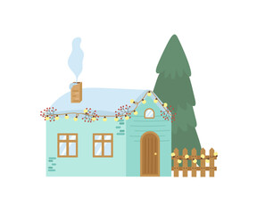 Cozy winter house with a Christmas tree and a fence in the forest. Decorated with garlands for the holiday. New Year vector illustration for design, decor, postcards.