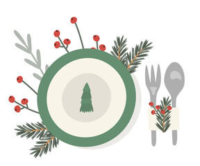 Plate and cutlery with Christmas decoration, festive table setting, top view. Vector illustration for a New Year's card, banner, menu, flyer