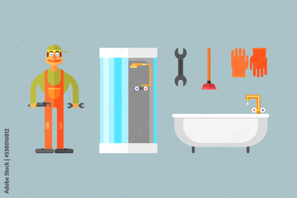 Poster smiling man plumber in uniform with wrench and tools vector set