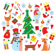 Christmas set. Design elements, children's. Cute cartoon style. New Year cards. Comfort, clothes, things, symbols, toys. Flat style. Clip art, advertising.