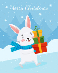 Merry christmas postcard with a gray rabbit who carries gifts in winter against the backdrop of snow and fir trees. Сhildren's vector card with happy bunny climb the hill.