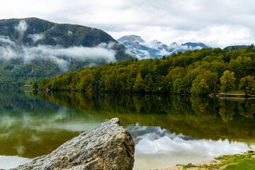 View to the mountains over Bohinj lake