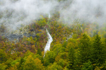 Waterfall in fog