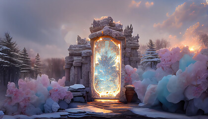 Magical portal on winter landscape, fairy tale background with ice crystal door, mirror or gate with fantasy castle, snowy landscape with glowing entrance on rock under cloudy gray sky 3d illustration - obrazy, fototapety, plakaty