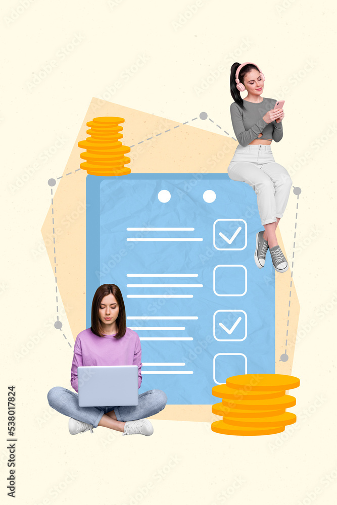 Poster Creative abstract template graphics image of happy smiling ladies working modern devices isolated drawing background