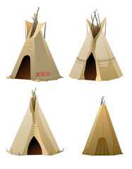 Indians wigwam hut made of felt and skins. Set of objects. North American tribal dwelling. Traditional home of nomadic peoples. Isolated on white background Vector.
