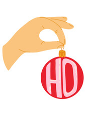 Hand with a Christmas toy on a white background. Red balloon with the inscription Ho. The traditional process of decorating a Christmas tree. Vector artistic illustration for postcards and print.