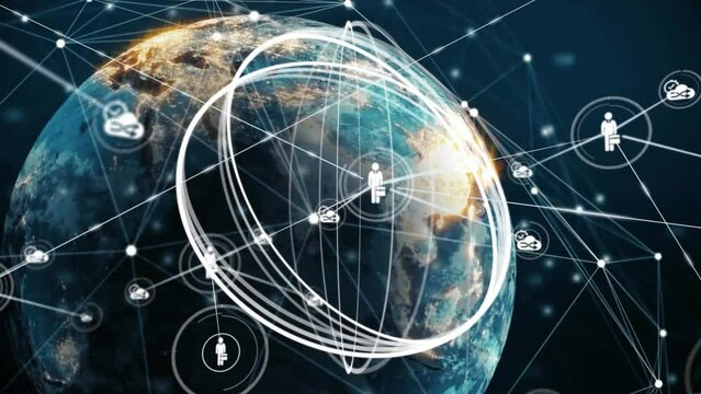 Animation of globe with network of connections with icons