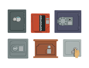 Fototapeta premium Steel and Metal Safe or Strongbox as Secure Lockable Box for Saving Valuable Object Vector Set