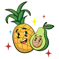 vector illustration of the mascot character of pineapple and avocado laughing happily