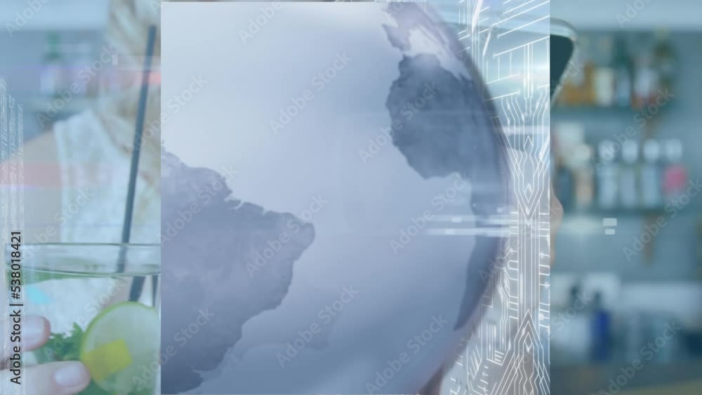 Poster animation of globe and data processing over caucasian businesswoman using smartphone