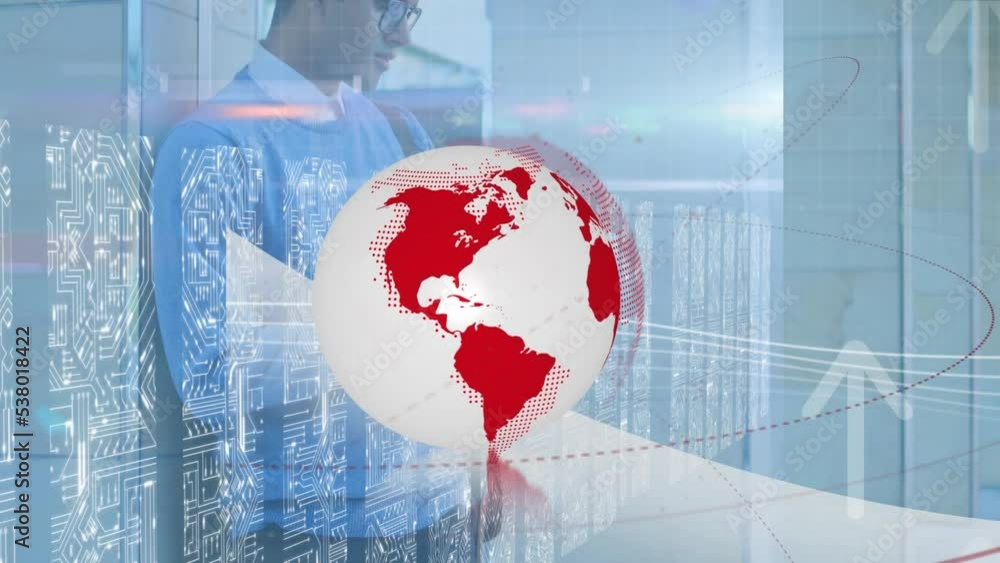 Aufkleber animation of globe, arrows and data processing over caucasian businessman using smartphone