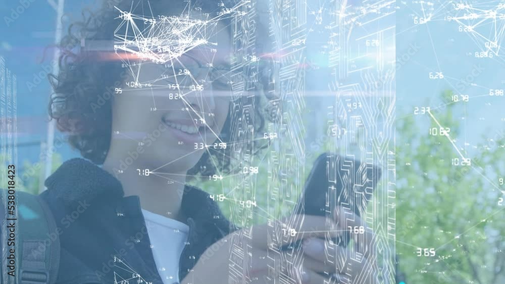 Poster animation of globe of connections and data processing over caucasian man using smartphone