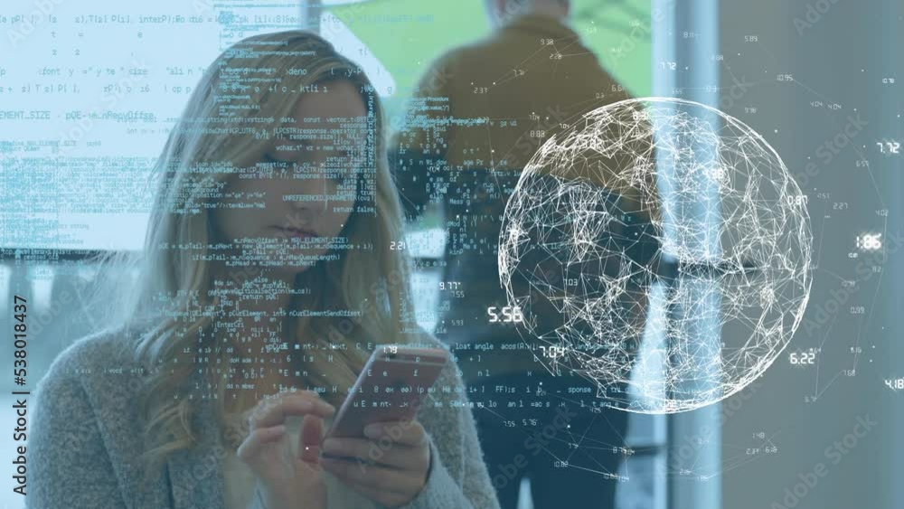 Poster animation of globe and data processing over caucasian businesswoman using smartphone