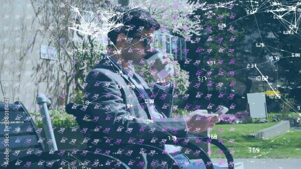 Poster animation of pattern and network of connections over caucasian businessman using smartphone
