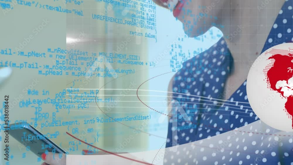 Poster animation of globe and data processing over caucasian woman using smartphone