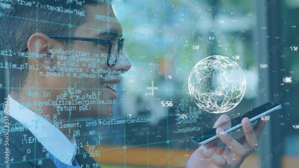 Poster animation of globe and data processing over caucasian businessman using smartphone