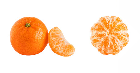 Set of tangerine or clementine with slices and peeled orange fruit isolated on white background