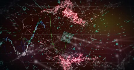 Animation of flickering qr code over network of connections and neon lights - Powered by Adobe