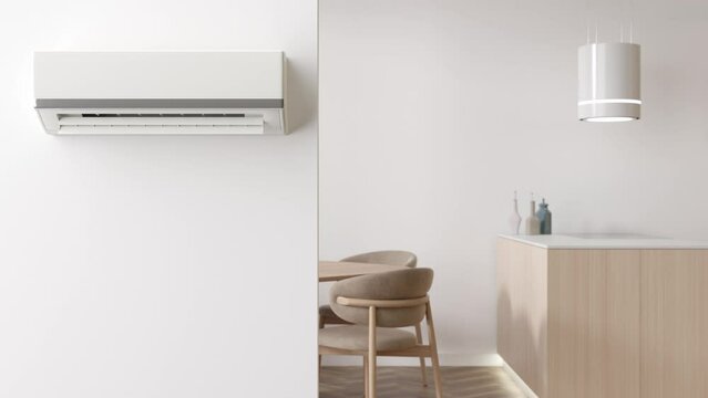 Modern air conditioner hanging on the wall in room. Cooling product for hot climate in summer. Machine which keeps the air in a building cool and dry. Modern interior with air-conditioning. 3D render.