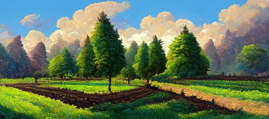 Fototapeta premium Rural valley early autumn fall - serene and tranquil countryside landscape. Conifer spruce trees, green grass and plowed farming crops with cumulus rain clouds. Digital pastel illustration.