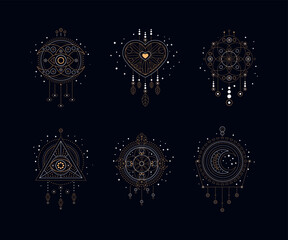 Sacred Geometric Symbols with Eye as Dreamcatcher in Golden Line on Black Background Vector Set