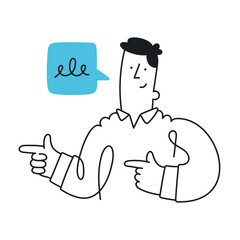 Happy man with speech bubble, pointing aside with fingers. Outline, linear, thin line, doodle art. Simple style with editable stroke.