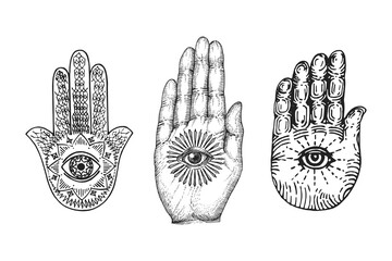 Hamsa, Eye of Providence on palm, vector sketches.