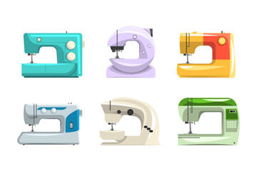 Colorful Sewing Machine as Equipment for Dressmaker and Tailoring Vector Set