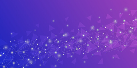 Geometric abstract background. Connected lines and dots, triangles on a violet-blue gradient. Molecular structure and connection. Science, medicine, technology concept. Vector illustration.