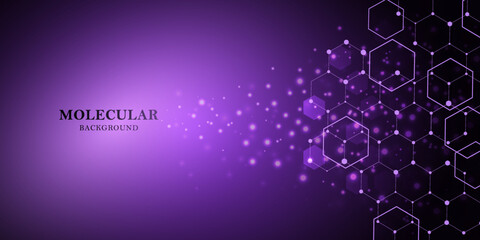 Medical abstract background. Medical technology network concept. Connected lines and dots, molecules, DNA on a purple gradient. Medical background for your design. Vector illustration.