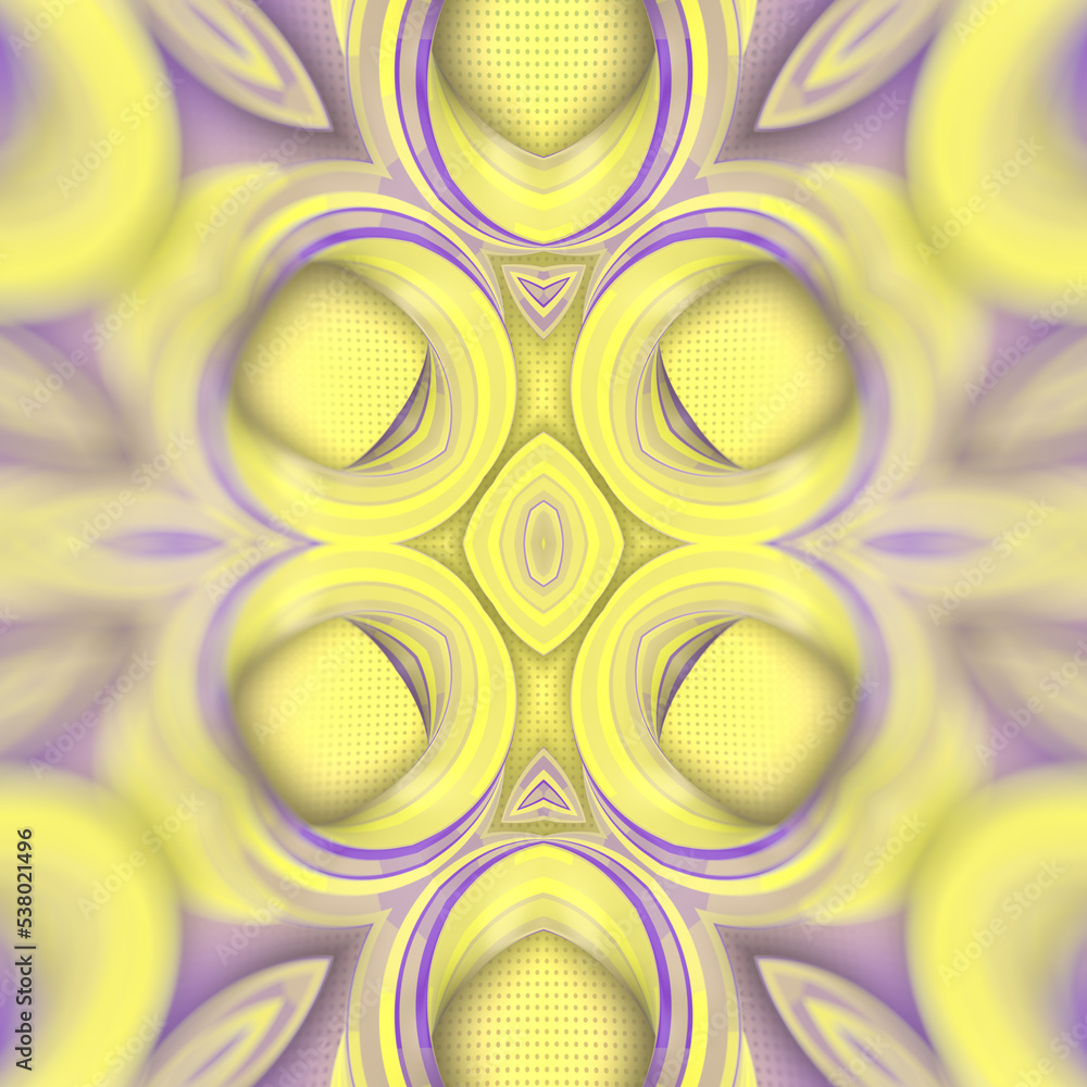 Poster Pattern of curved shapes with yellow and violet stripes. Bright abstract background. 3d rendering digital illustration