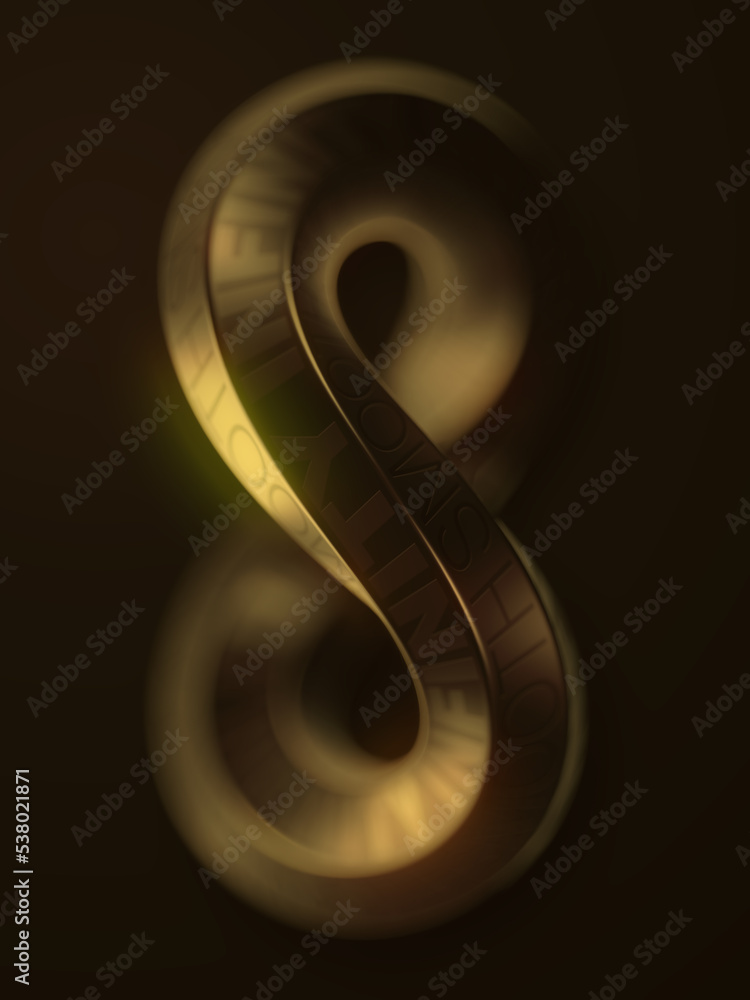 Poster Digital illustration of gold Mobius strip with depth of field effect. Luxury advertising. 3d rendering art background