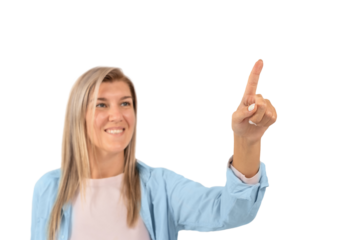 Girl finger press copy space isolated