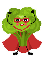 Funny broccoli mascot in traditional costume of superhero
