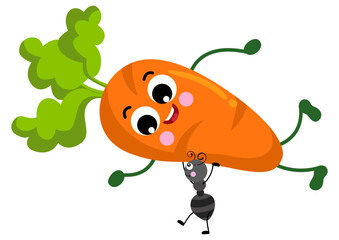 Cute ant carrying a funny carrot mascot