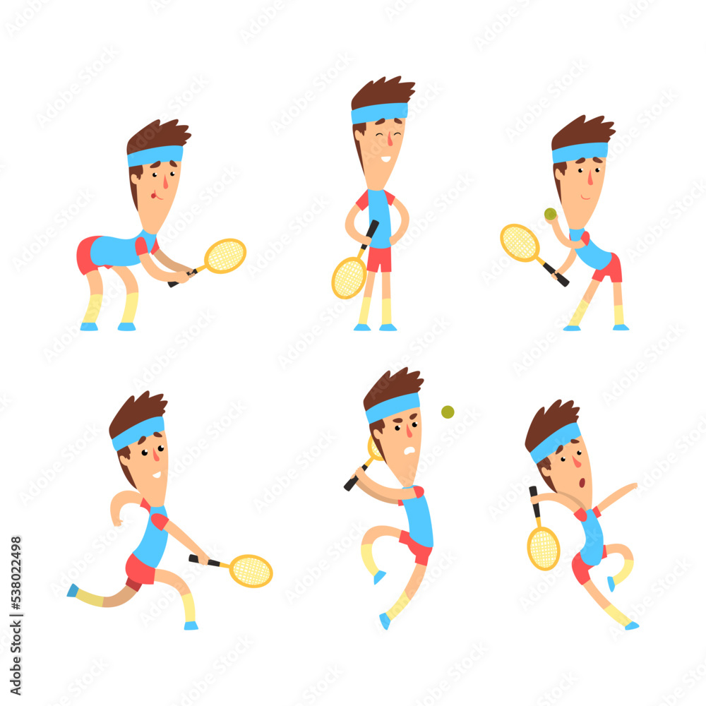 Poster man playing tennis with ball and racket training and practicing vector set