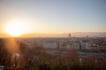 a wintery evening sunset in Turin Italy 