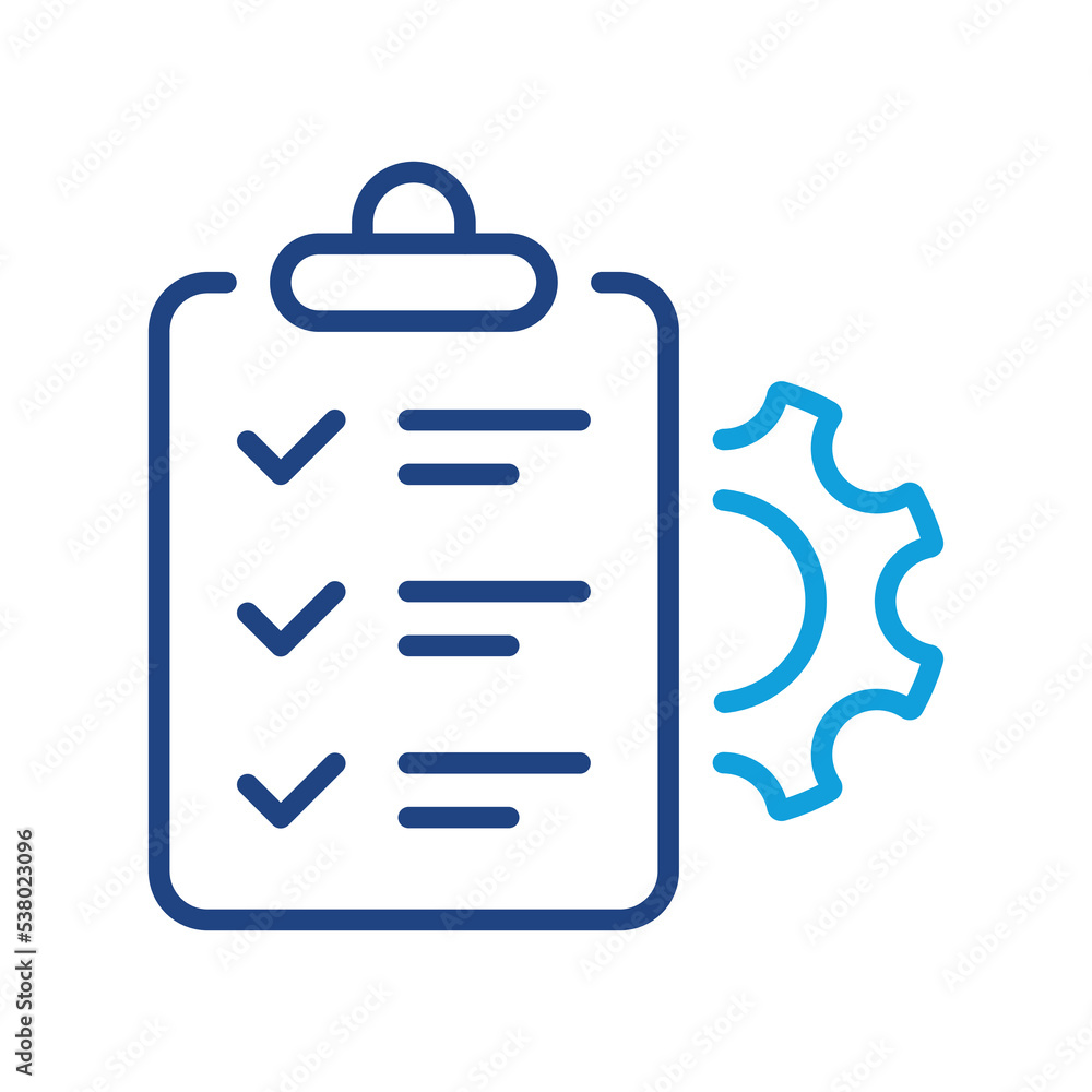 Poster gear, clipboard, pencil project setting checklist line icon. check list and cog wheel management pla