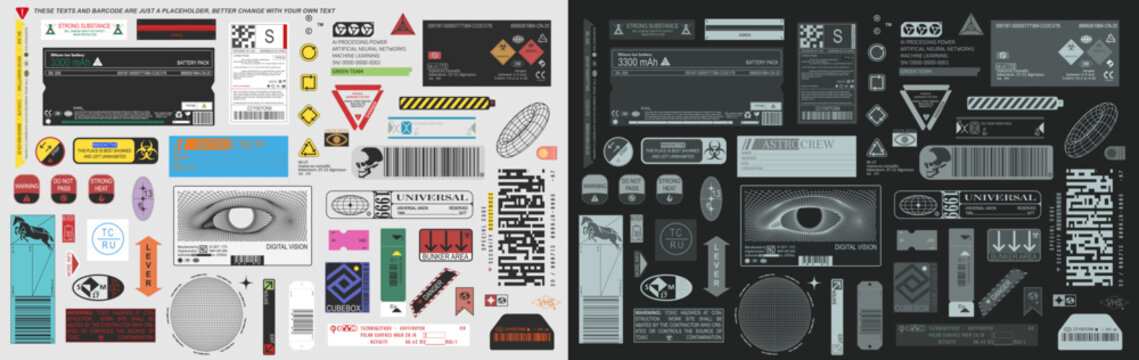 Industrial label, tag, warning sign vector collection with fully custom made layout, logo and symbols
