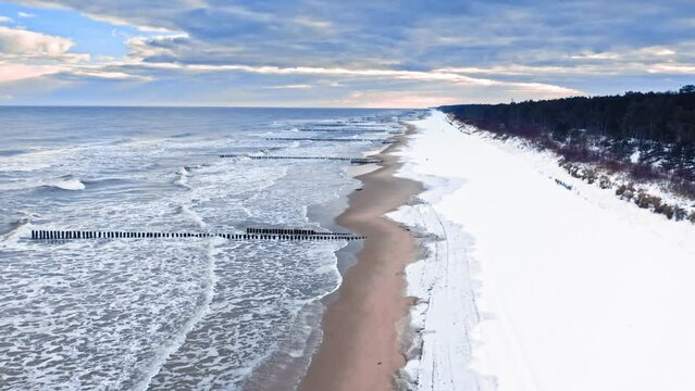 Hel peninsula covered by snow, Baltic Sea in winter