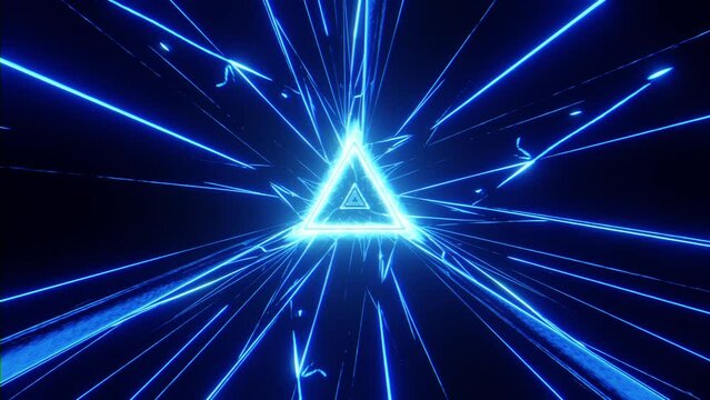 Infinite abstract triangular tunnel with cracked ice or glass effect and emitting electric blue light, distorted video effect