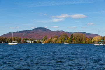 Lake Memphremagog seen with Mount Orford in the background during a sunny fall afternoon, Magog, Eastern Townships, Quebec, Canada