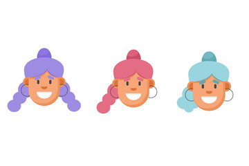 Fototapeta premium Flat style girls faces set. Purple, pink and blue hair. Minimalism, digital illustration