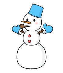 バケツをかぶり、パイプタバコをくわえる三段重ねの雪だるま