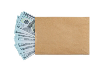 Pile of new design US dollar bills in brown envelope isolated on white background. Hundreds of dollar cash banknotes. Top view, flat lay. Business, finance, bank, currency, economy, wealth concept