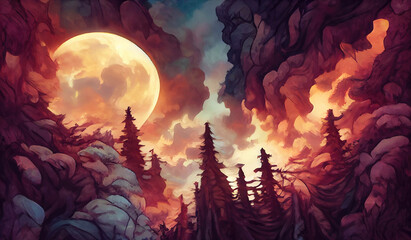 Abstract fairy tale forest landscape background with full moon and dark clouds - obrazy, fototapety, plakaty