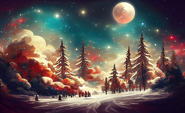 Picture of a magical winter wonderland with a full moon as christmas background